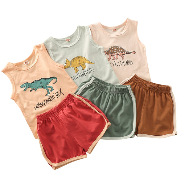 Dinosaur and Letters Printed Pattern Vest and Elastic Waist Shorts