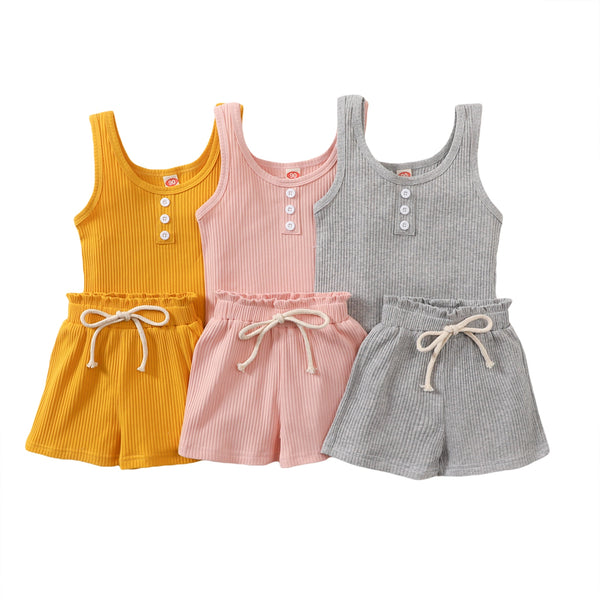 2Pcs Toddlers Summer Tracksuit, Solid Color Ribbed O-Neck Vest + Elastic Waist Shorts
